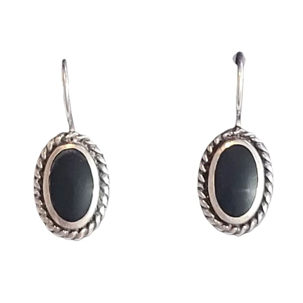 Vintage 925 Sterling Silver Black Onyx Oval Dangle Earrings